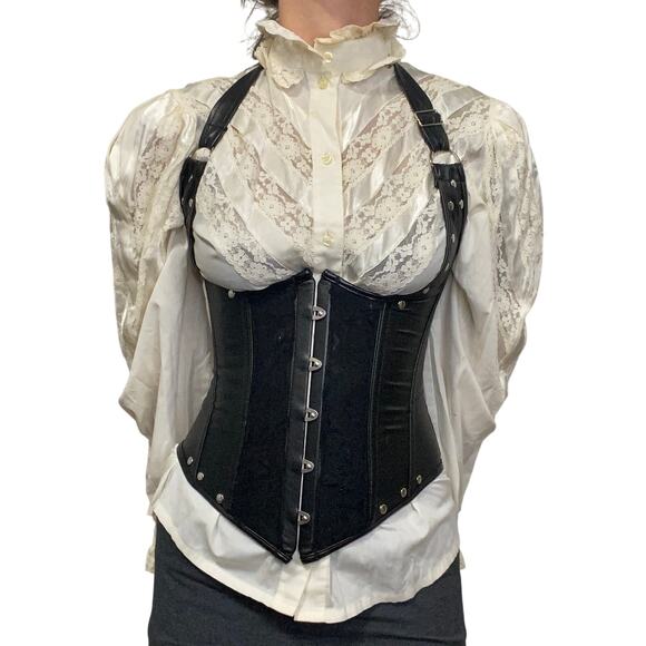 Faux Leather and Lace Studded Gothic Vampire Upcycled Underbust Corest - Picture 1 of 11